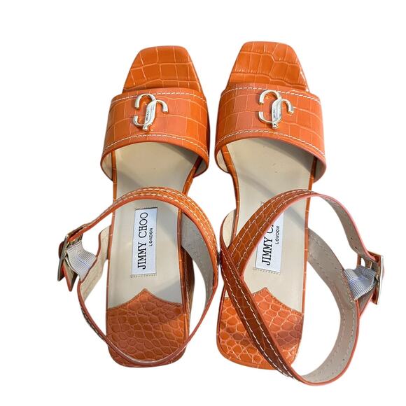 Jimmy Choo Croc Embossed Orange Leather Logo Wedge Sandals 40 - Picture 9 of 10
